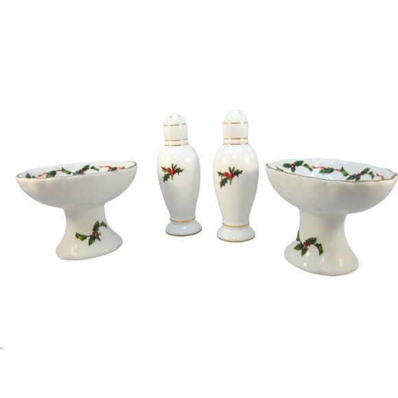 Lefton China Holly Salt Pepper Shakers and 2 Pedestal Candy Nut Dish Set - Picture 1 of 11